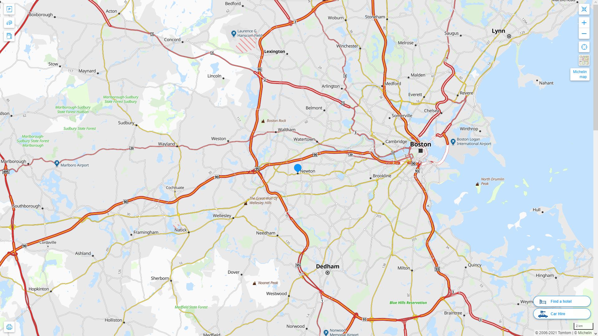 Newton Massachusetts Highway and Road Map